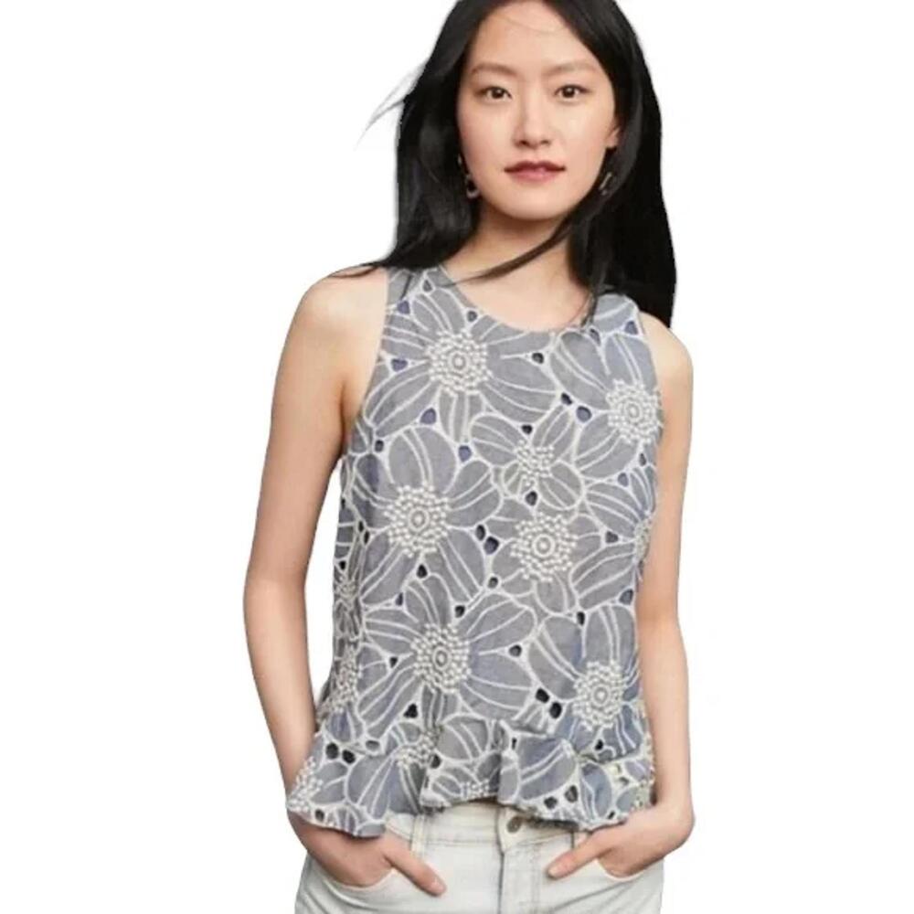SUNDAY IN BROOKLYN x ANTHROPOLOGIE Floral Chambray Peplum Top Size L